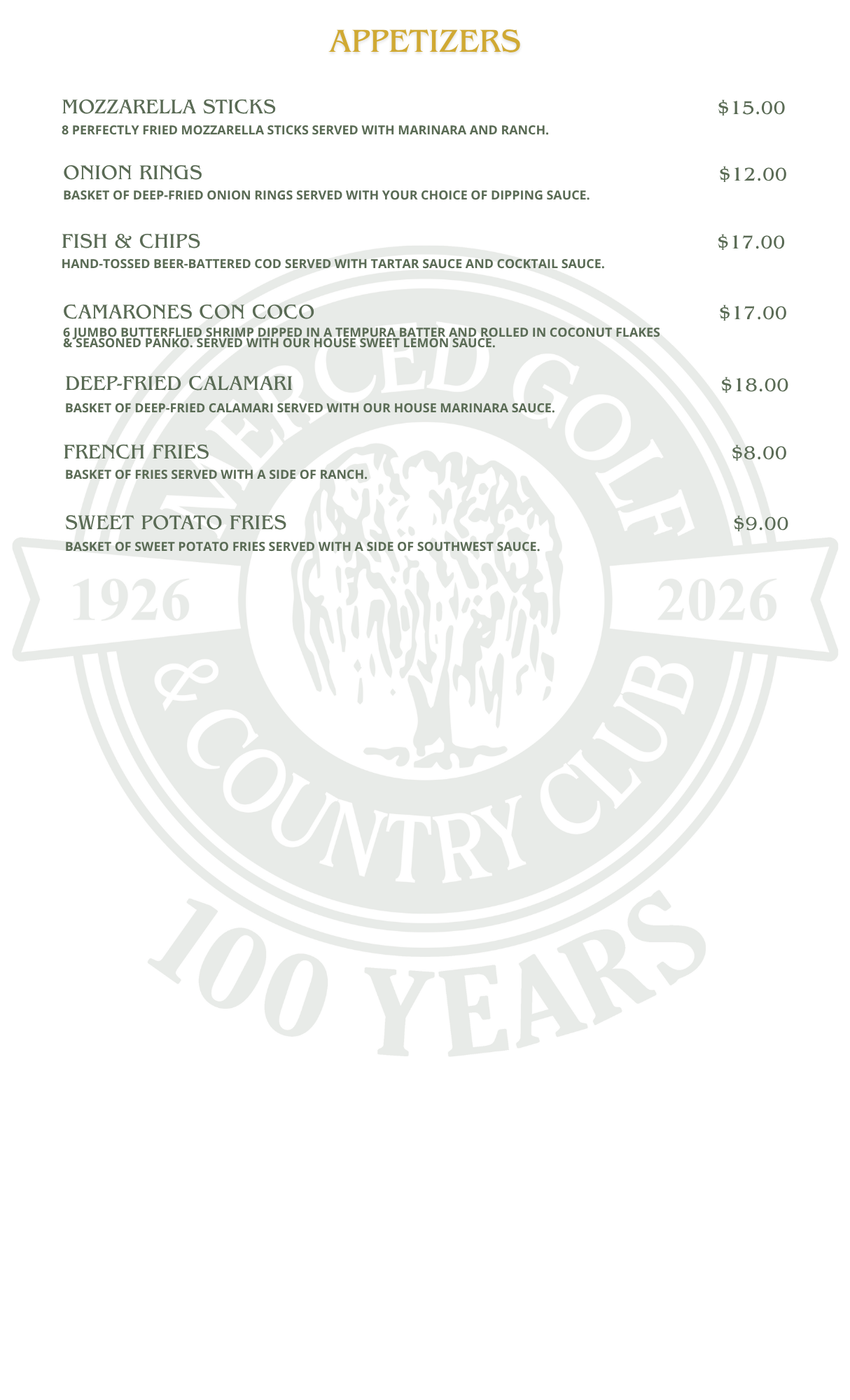 2026 Appetizer Menu